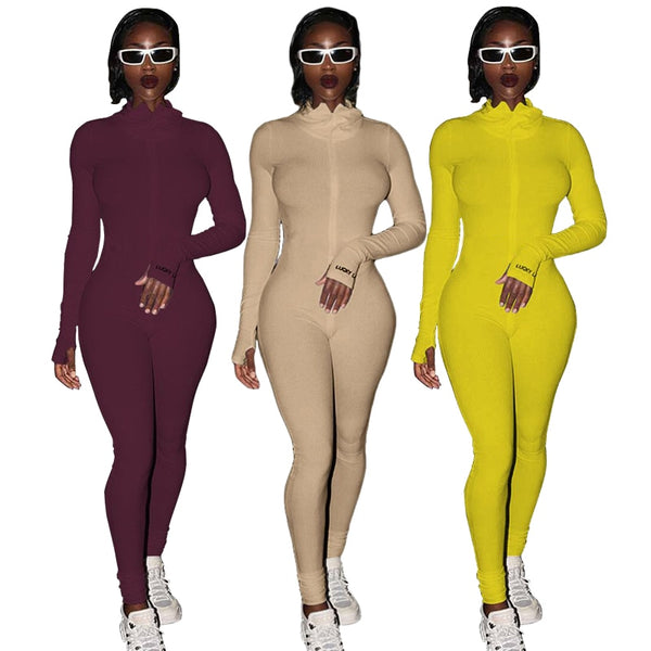 Turtleneck Knit Bodycon Fitness Playsuit Sportswear Long Sleeve Zipper Body Embroidery Lucky Rompers Womens Jumpsuit