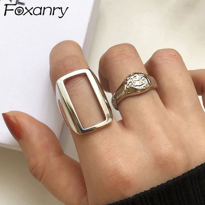 Foxanry Minimalist Silber ColorRings Mode Einfach Hohl Geometrisch Vintage Thai Silber Party Schmuck Geschenke für Frauen