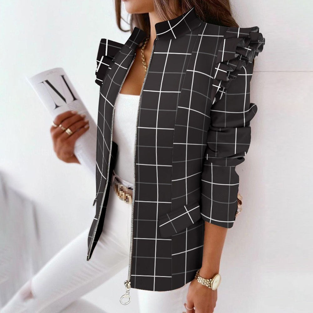 Melrose Plaid Print Ruffles Sleeve Zipper up coat - Bettylis