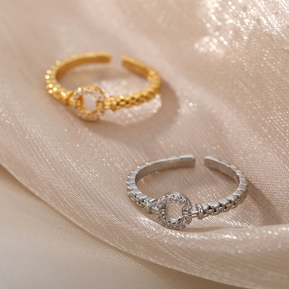 Anneaux ronds en Zircon pour femmes ouvert réglable en acier inoxydable couleur or bague Couple alliance bijoux esthétiques anillos mujer