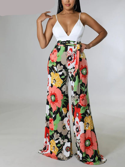 Spaghetti Strap Backless Printed Wide Leg Jumpsuits