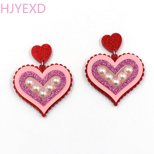 （1pair) Valentine Handmade Gift For Women Vintage Pearl Acrylic Heart Earrings Jewelry - Bettylis