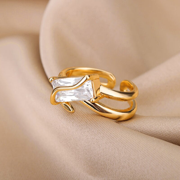 Rectangle Zircon Rings for Women Open Adjustable Stainless Steel Double Layers Finger Ring 2022 Trend Couple Wedding Jewelry BFF
