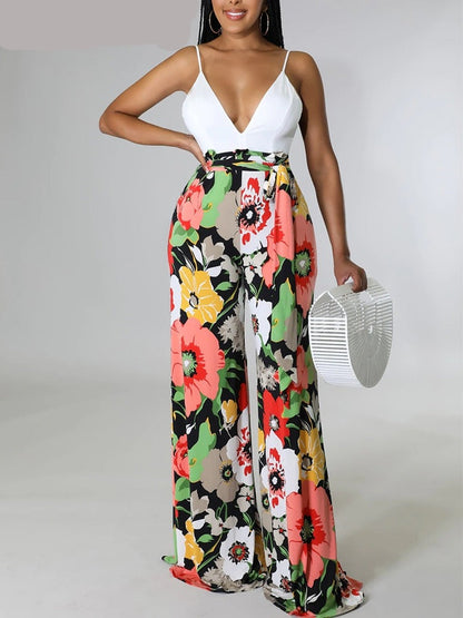 Spaghetti Strap Backless Printed Wide Leg Jumpsuits