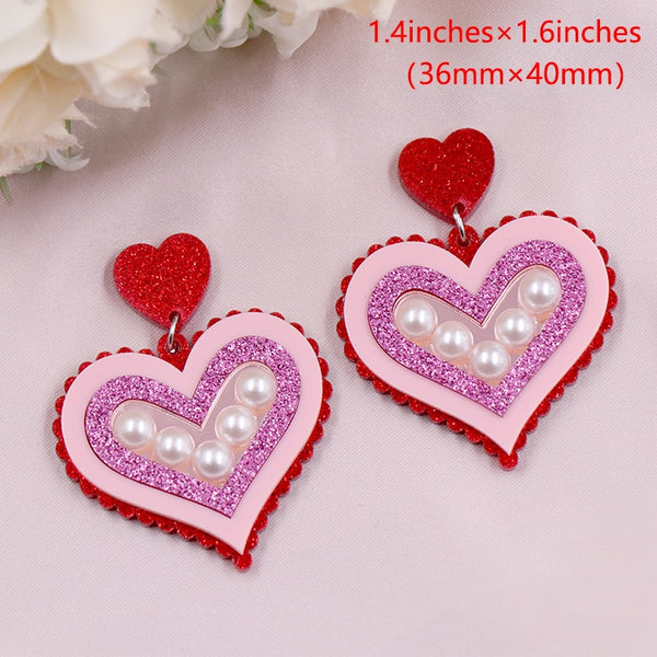 （1pair) Valentine Handmade Gift For Women Vintage Pearl Acrylic Heart Earrings Jewelry - Bettylis