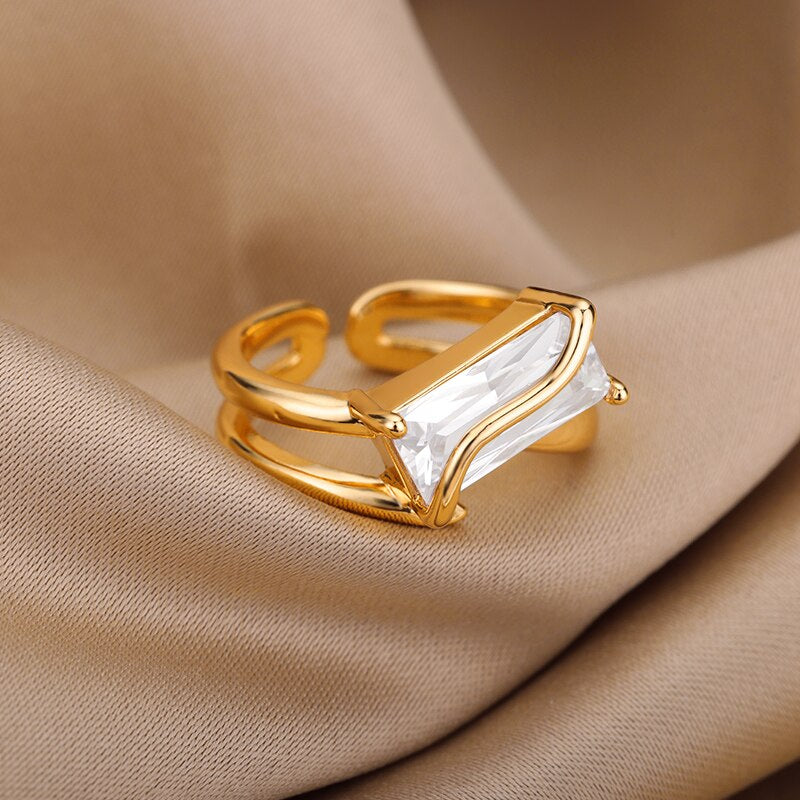 Rectangle Zircon anneaux pour femmes ouvert réglable en acier inoxydable Double couches bague 2022 tendance Couple mariage bijoux BFF