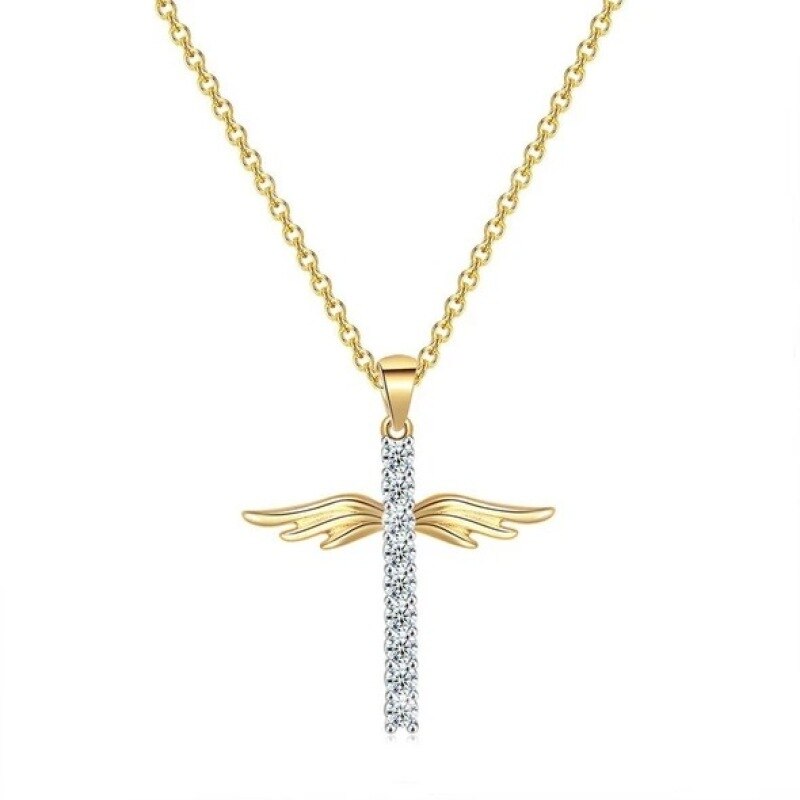 Vintage Angel Wings Cross Crystal Pendant