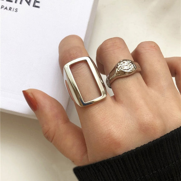 Foxanry Minimalist Silver ColorRings Fashion Simple Hollow Geometric Vintage Thai Silver Party Jewelry Gifts for Women