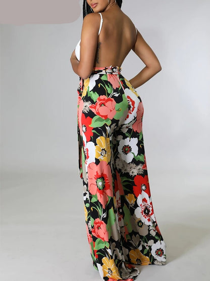 Spaghetti Strap Backless Printed Wide Leg Jumpsuits