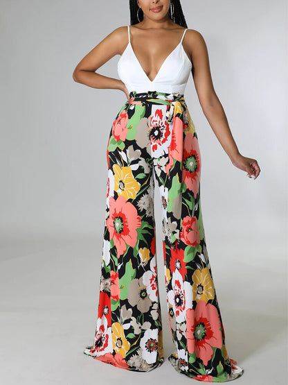 Spaghetti Strap Backless Printed Wide Leg Jumpsuits