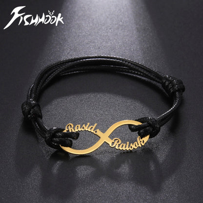 Hameçon Infinity Personnalisé Personnalisé Bracelet Nom Bracelet Corde En Cuir Réglable Cadeau Pour Homme Femmes En Acier Inoxydable Bijoux