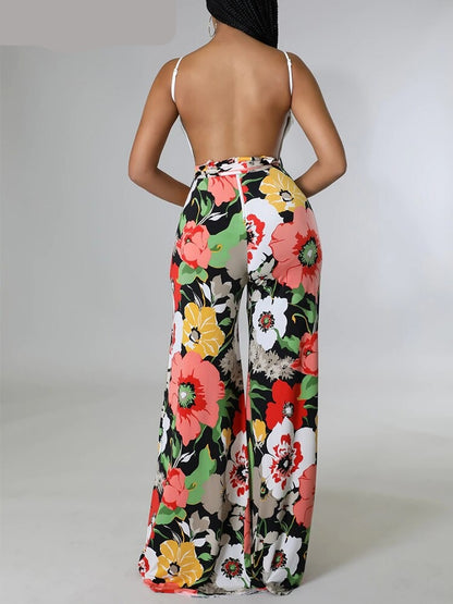 Spaghetti Strap Backless Printed Wide Leg Jumpsuits